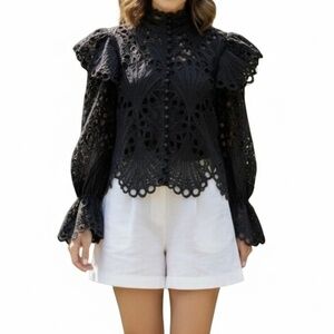 A367  Nancy Black Lace High-Neck Victorian Blouse Puff Sleeve Eyelet  NWOT M